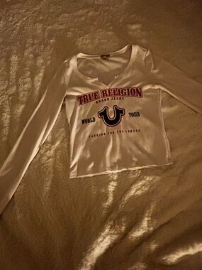 True Religion White Long Sleeve Graphic Crop Tee with Red & Navy Logo